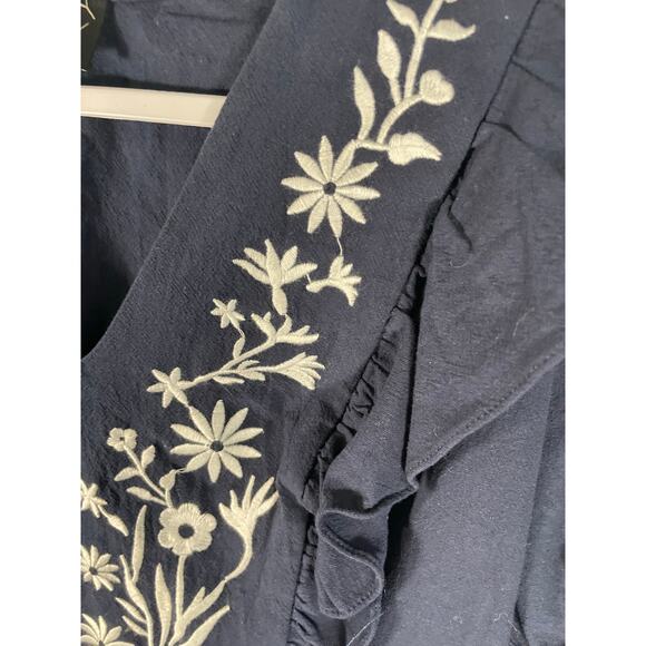 Milk & Honey Blue White Embroidered Floral 100% Cotton Peplum Top XL Ruffle Neck - Picture 4 of 6